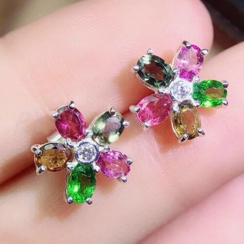 Natural real tourmaline or diopside flower stud earring Free shipping 925 sterling silver 0.25ct*10pcs gemstone Q201153