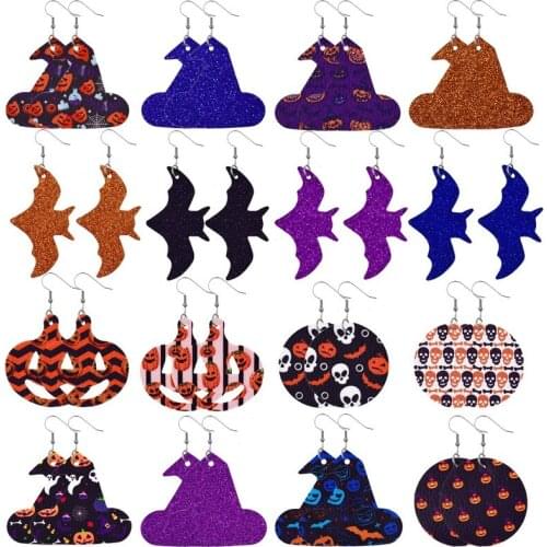 2021 Europe and The United States Halloween Funny Hat Pumpkin Earrings Personality Bat Print Leather Earrings Gift Wholesale