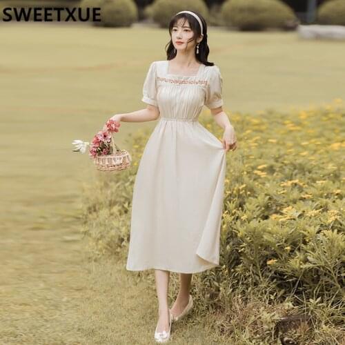 SWEETXUE Dress Women Elegant Ladies New Clothing Vintage Square Neck Puff Sleeve Embroidered Chic Romantic Chiffon Dress