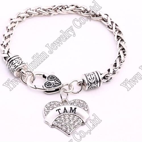 TAM Heart Love Clear Rhinestone Heart Charm Bracelet Wristband