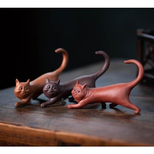 Tibetan /Tibet /Nepal Chinese zisha yixing carved statues office decor Toy tea pet Meditation thinking cat figures cat sculpture