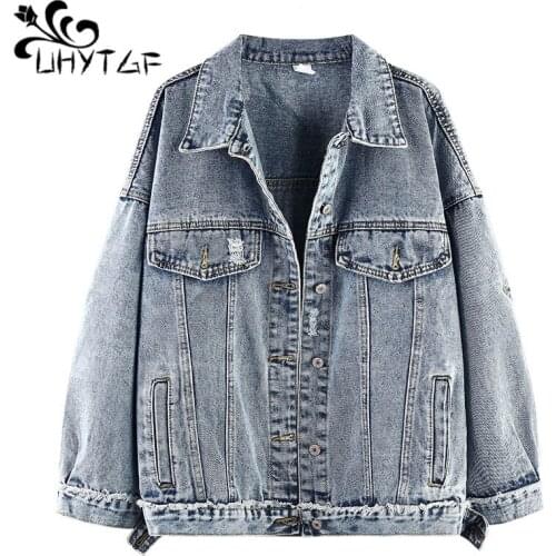 UHYTGF Womens Jacket Vintage Autumn Denim Coat Hole Long Sleeve Short Jeans Overcoat Female Loose Plus Size Tops Outerwear 747