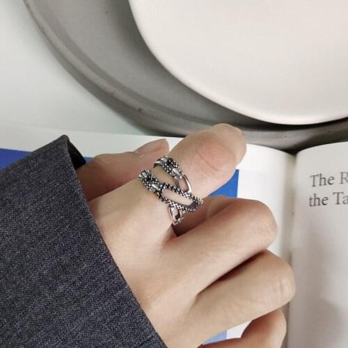 Vintage Retro Open Ended Intertwined Crossover Statement Ring Fashion Women 925 Sterling Silver Twisted Line Hip Hop Band Rings
