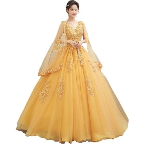 Vintage light golden butterfly sleeve fairy long dress gown Medieval Victorian Ball stage performance/can customs size