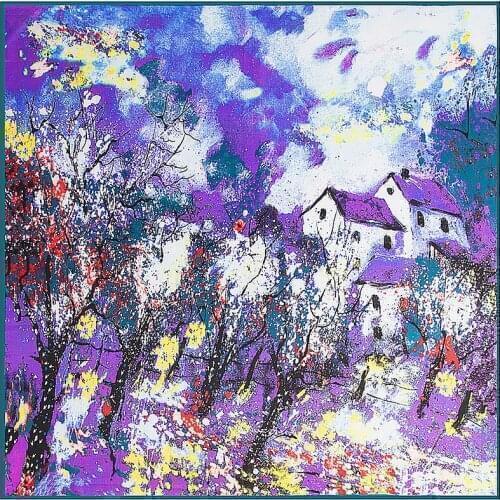 High Quality Chinese Landscape Paint Silk Square Scarf Retro Village Patchwork Foulard Lady NeckerChief Hijab Muslim Headscarf