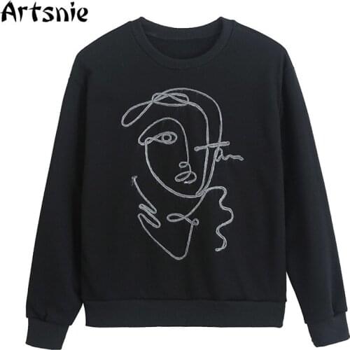 Artsnie Streetwear Casual Character Cartoon Sweatshirt Women Winter O Neck Long Sleeve Hoodies Autumn Knitted Black Sweatshirts