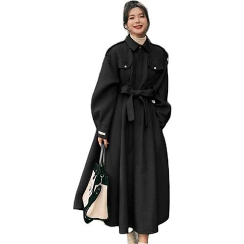 New Spring Autumn Womens Overcoats With Belt OL Streetwear Loose Large Size Female Trench Coats Black Lady Windbreaker Mujer
