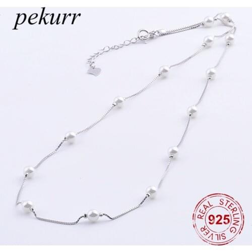 Pekurr 925 Sterling Silver 4.5mm Tiny Shell Pearl Necklaces For Women Long Box Chain Pendants Fashion Jewelry Accesories