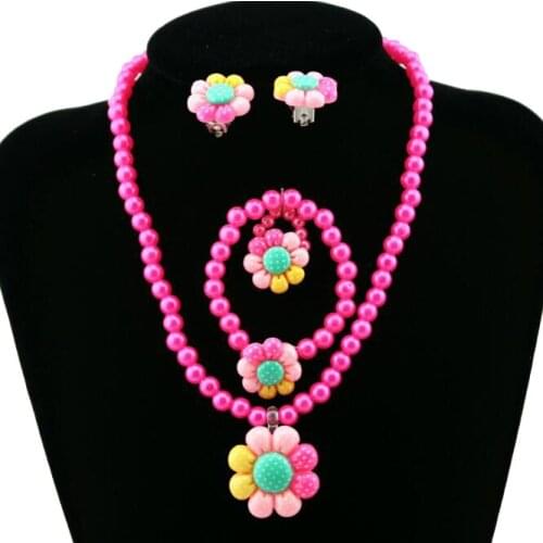 1set Pink Imitation Pearls For Girls Children Flower Pendant Necklaces Bracelets Rings Sets For Baby Cute photography Gifts