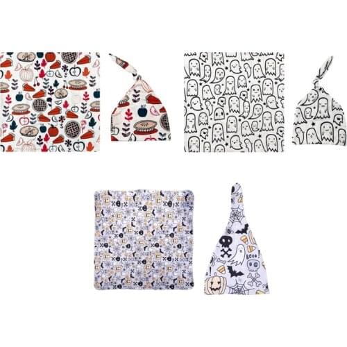 2 Pcs Newborn Printing Receiving Blanket+Beanie Hat Set Baby Swaddle Wrap Cap 69HE