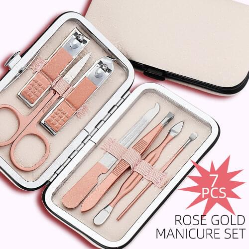 7pcs/set Rose Gold Stainless Steel Nail Cuticle Pusher Clipper Scissor Nipper Tweezer Picker DIY Manicure Nail Art Tools Kits