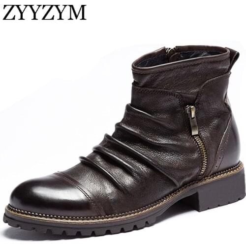 ZYYZYM Men Chelsea Boots Leather Spring Autumn Vintage Style High Top Zipper Ankle Boots for Men Large Size Botas Hombre