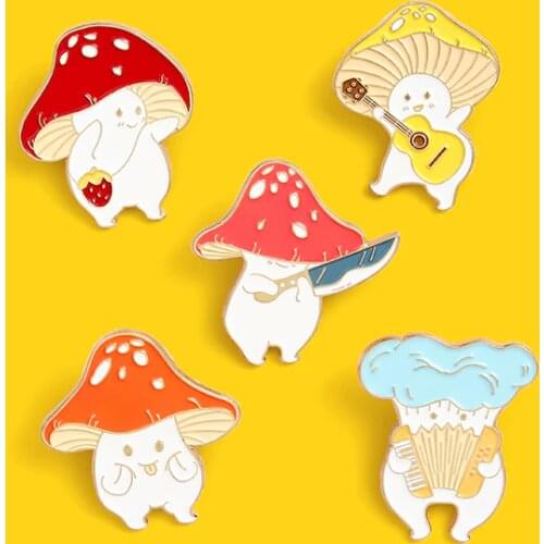 Cartoon Cute Mushroom Enamel Pin Custom Funny Guitar Accordion Brooches Bag Lapel Pin Badge Plant Jewelry Gift for Kids Friends