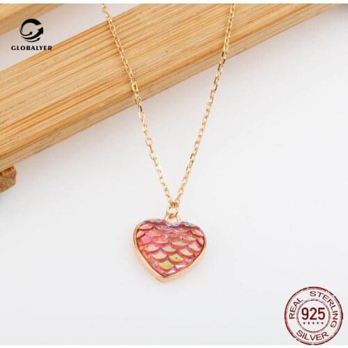 Girl heart S925 sterling silver fish scale love necklace Korean pink mermaid fish scale heart-shaped clavicle chain 332