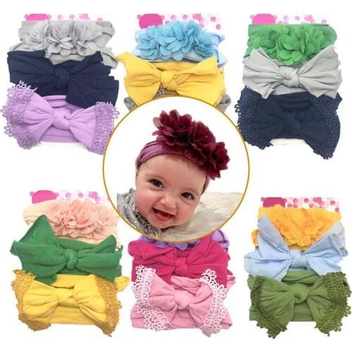 3Pcs/set Elastic Baby Girl Headband Cute Girls Bow Lace Flower Kids Headwear Solid Color Newborn Kawaii Baby Hair Accessories