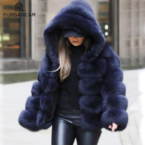FURSARCAR New Fashion Natural Waistcoat Real Fox Fur Coat For Women New Genuine Fox Fur Female Long Real Fur Jacket With Hood