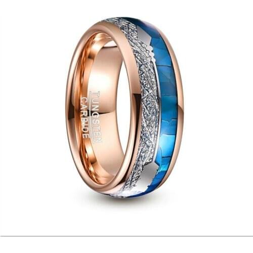 8mm Wide Tungsten Carbide Ring Rose Gold Inlaid Blue Shell Meteorite Arrow Dome Tungsten Steel Ring Wedding Men Jewelry