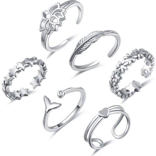 6PCS Adjustable Stainless Steel Toe Rings for Women Open Tail Ring Women Beach Foot Jewelry Gold and Silver Hypoallergenic Ring