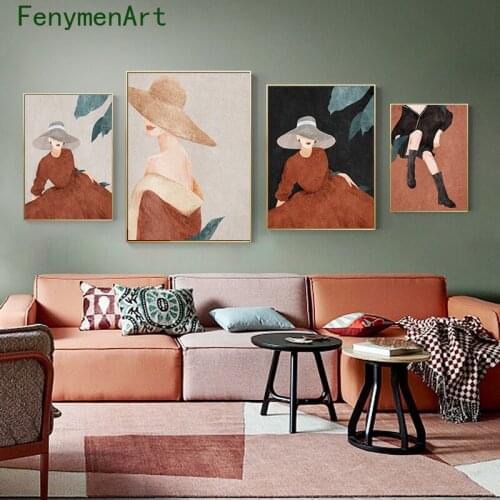 Nordic Fashion Woman Poster Print Modern Girl Canvas Painting Clothing Hat Wall Art Picture Porch Mural Home Living Room Decor