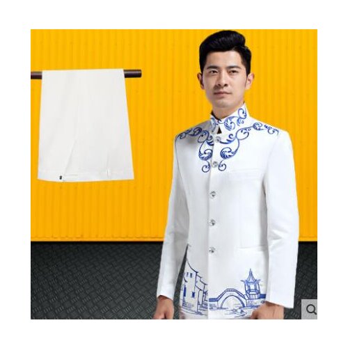 Stand collar men groom suit set with pants mens wedding suits white singer stage embroidery clothing formal dress b591