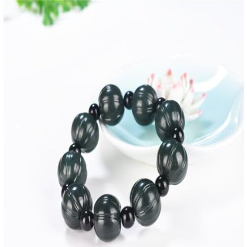 Natural Hetian Qingyu Lotus and pumpkin Bead Jade Bracelet Jewelry Fine Jewelry Lucky Safety Auspicious Amulet Jade Bracelet