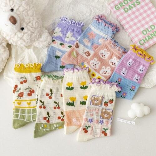 Cute frilly socks cartoon rabbit mesh sokken calcetines mujer korean fashion women funny cotton streetwear meias woman sock
