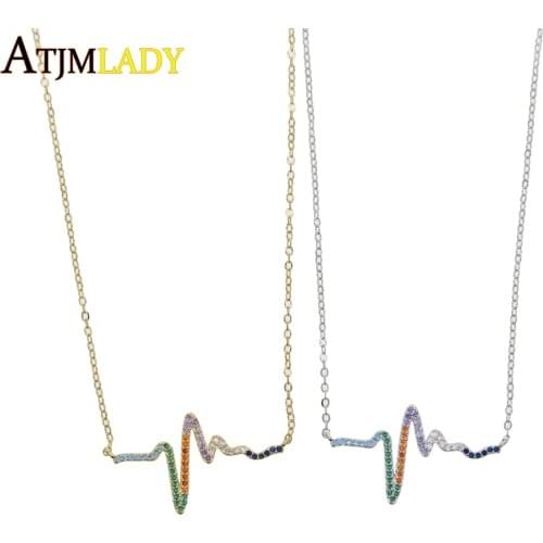 New arrived Gold Silver color Unique Heartbeat Necklace For Women colorful cz rainbow Fun ECG Charm faShion Jewelry