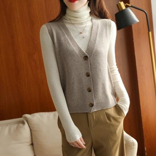 New all-match cashmere knit short V-neck cardigan sleeveless sweater autumn and winter 100% wool coat vest 4 colors available
