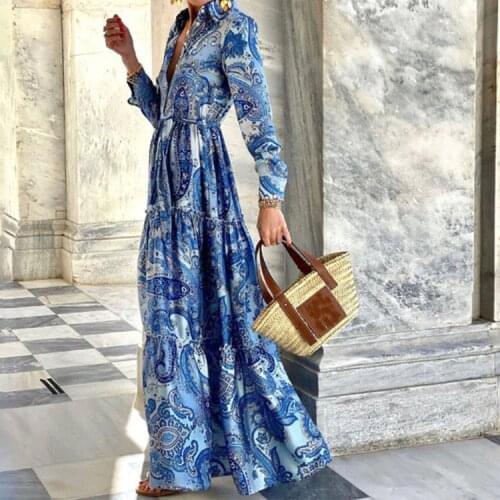 2021 Early Autumn Printed Lapel Long Sleeve Dress with Waist Cake Skirt