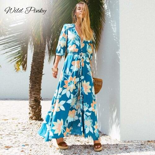 WildPinky Summer Beach Maxi Dress Women Floral Print Boho Long Chiffon Dress Wrap Casual V-Neck Split Sexy Party Dress Robe Femm