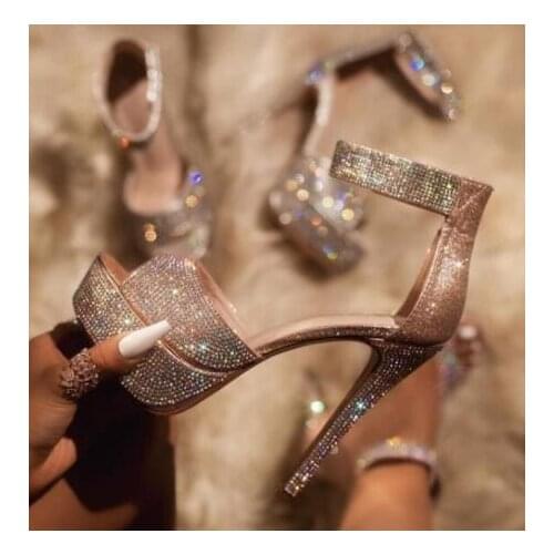 Luxury Bling Bling Crystal High Heel Sandals Rhinestone Women High Platform Wedding Shoes Bride Cut-out Ankle Strap Summer Shoes