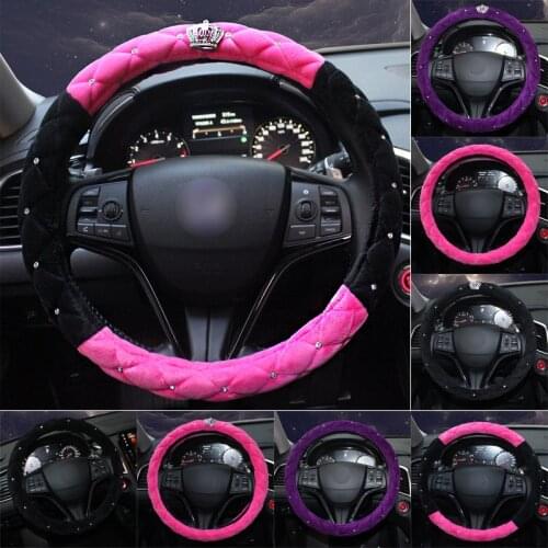 Luxury Diamond Crown Plush Car Steering Wheel Covers Bling Crystal Auto Handle Cover Interior Car Accessories for Girls Women