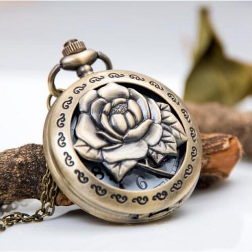 Vintage Bronze Fashion quartz roses Hollow out pendant Necklace pocket watches woman gift