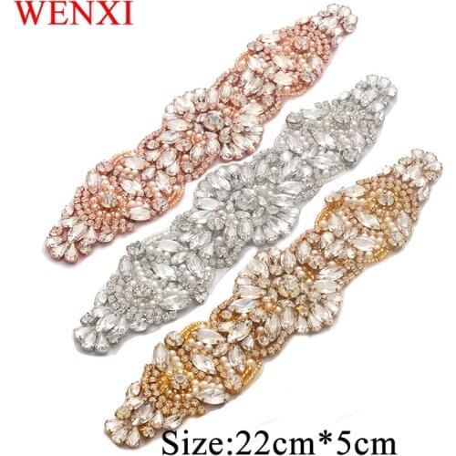 WENXI (5pcs) Wholesale Beads Rhinestones Appliques For Wedding Dresses Sashes Clear Rose Gold Rhinestones DIY Bridal Gown WX805