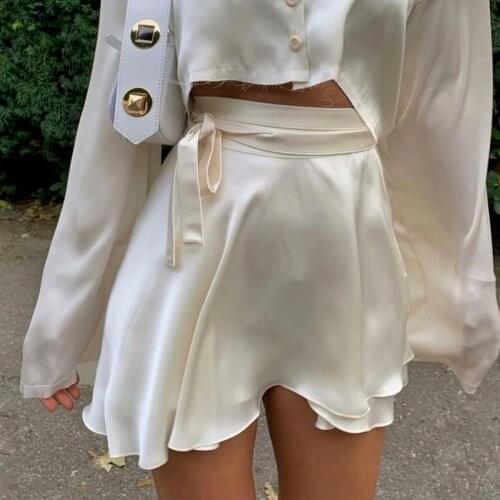 2021 Casual Black White Sexy Satin Skirts Womens Ruffles Bandage High Waist Summer Beach Skirt Ladies Bodycon Mini Skirt Female