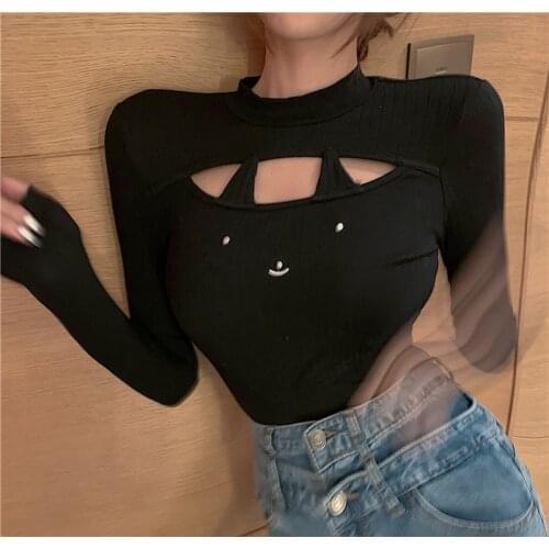 Hollow Out Black Long Sleeve T Shirt Women Fashion Brand Sexy Autumn Style Club Tops Chic Crop Top Tees Slim New Vetement Femme