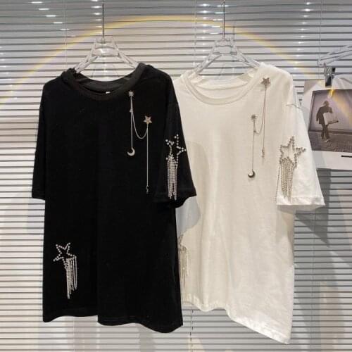 2021 Summer Women T Shirt Diamond Star Tassel Shining Round Neck Loose Short Sleeve T-shirt