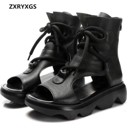 2021 New Top Cowhide Fish Mouth Summer Rome Sandals Thick Sole Heighten Sandals Fashion Trend High Top Retro Women Sandal Shoes