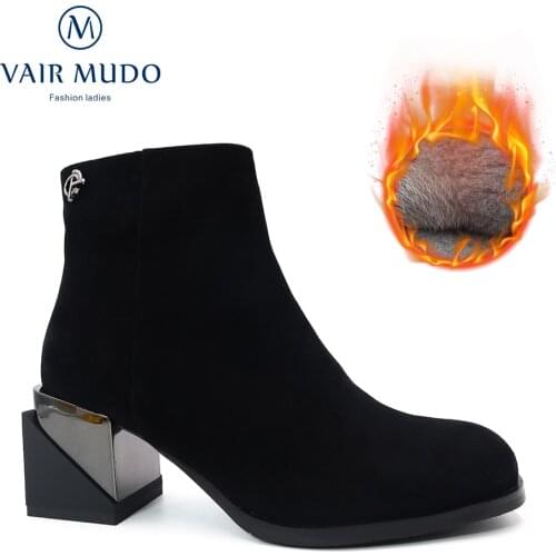 VAIR MUDO Women Ankle Boots Round Toe High Heels Black Kid Suede Work & Safety Elegant Fashion Women Boots Shoes Female DX37