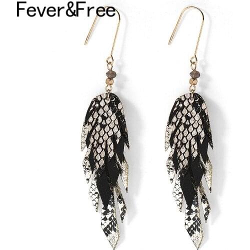 Fever&Free Autumn Winter Aretes De Mujer 2019 Fashion Leather Feather Long Statement Drop Earrings Ethnic Jewelry Oorbellen Gift