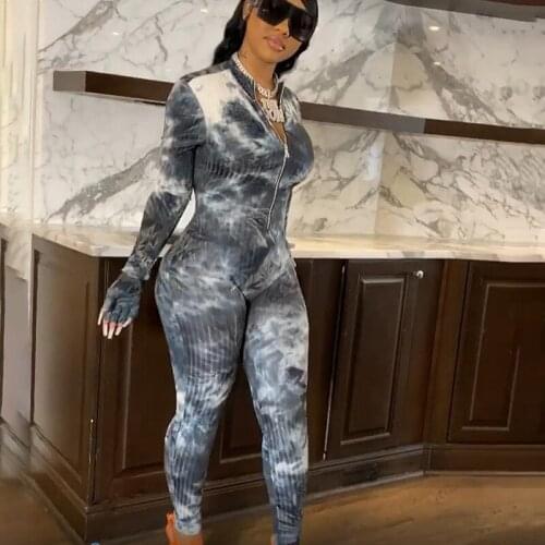 UVRCOS Club Outfits For Women Tie Dyed Chest Zipper Jumpsuit 2021 Autumn Warm Sexy Streetwear Skinny Yellow Birthday One Piece