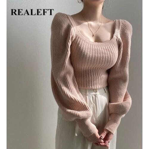 REALEFT 2021 New Autumn Winter Puff Sleeve Womens Sweater Casual Solid Sqaure Collar Knitting Pullovers Knitwear Elegant Tops