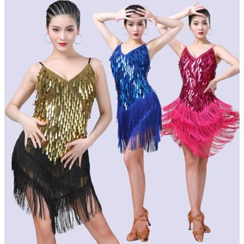 New Ladies Fashion Ballroom Women Latin Dance Dress V Neck Tassels Fringe Sparkling Sequin Samba Tango Stage Rave Costume
