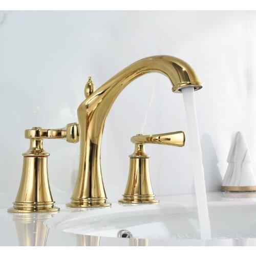 Basin Golden Faucet Deck Mounted Bathroom Sink Faucet Brass Three Hole Double Handle Hot And Cold Mixer Water Bathtub Retro Tap