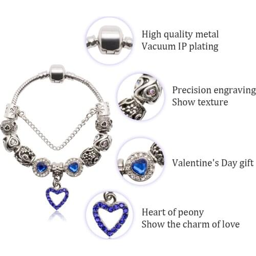 1pcs Retro large hole glass beaded bracelet ladies handmade diy inlaid brick heart alloy bracelet jewelry best gift