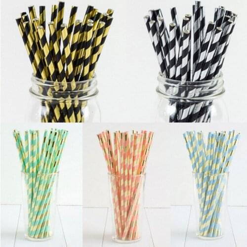 25Pcs Gold Foil Stripe Paper Straws Disposable Biodegradable Tableware Wedding Birthday Party Decorations Baby Shower Supplies