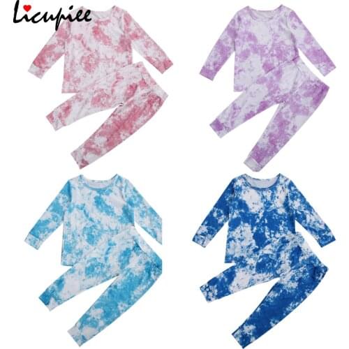 4 Colors Toddler Kids Baby Girls T-shirts Jogger Pants Suit Round Neck Long Sleeve Tie-dye Printed Fall Trousers 1-6 Years