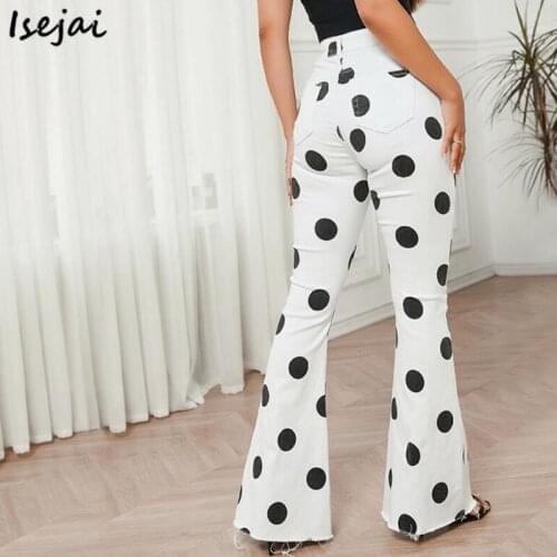 Dot Print Flare Pants Woman White Elstic Summer Autumn Slim Jeans Women Vintage Jeans White