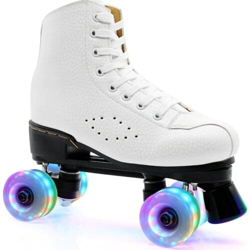 JK Adult PU Leather Roller Skates Double Line Rollerblade Two Line Skating Shoes With PU Flashing Wheel Quad Skates Good Patines