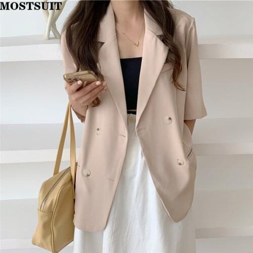 Double Breasted Chic Elegant Suit Blaze Women Half Sleeve Notched Collar Jacket Tops Korean Workwear Solid Loose Blazer Femme